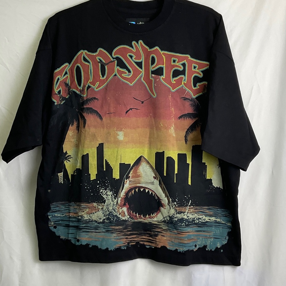 Godspeed Black Graphic Tee with Shark and Cityscape